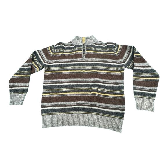 Vintage Hunt Gallery L Wool Blend Quarter Zip Gray Yellow Brown Striped Sweater - Picture 1 of 8